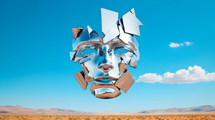 Shattered metallic mask floats above a desert landscape
