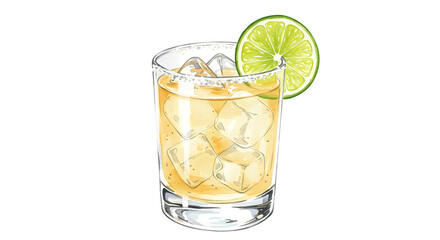Tommy's Margarita cocktail with lime wheel and ice cubes in a clear lowball glass. Watercolor illustration isolated on white background. Tequila-based summer drink. Mexican cocktail concept