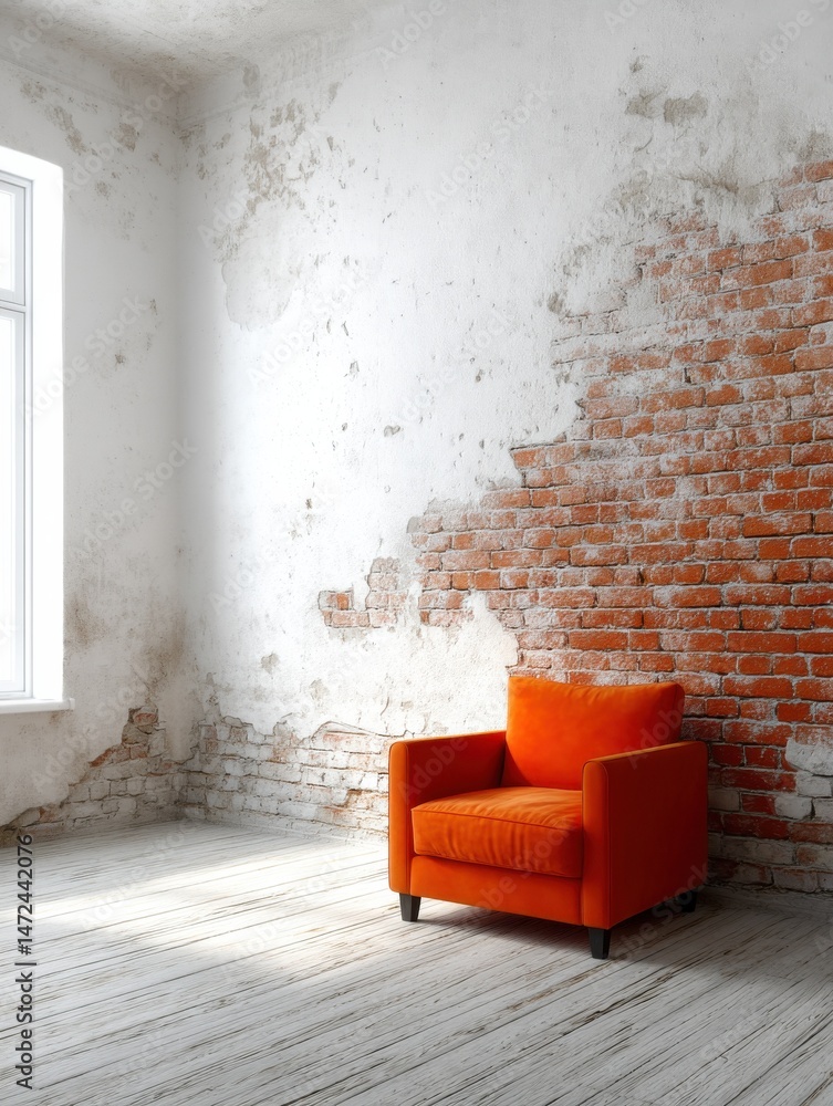 Aufkleber A vibrant orange armchair sits in a room with exposed brick and distressed plaster walls, bathed in sunlight streaming through a nearby window, creating a stylish and slightly rustic i : Generative AI