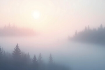 Misty dawn over forested hills with sunrise in a serene and tranquil landscape