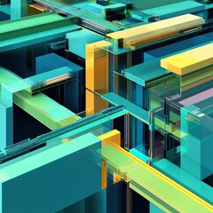 Fototapeta premium Abstract structure with intersecting geometric shapes in translucent blues, greens, and yellows, creating depth.