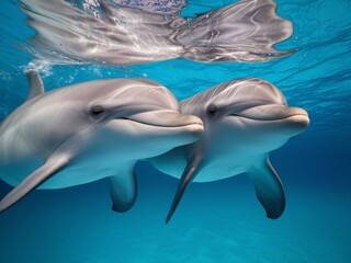 Fototapeta premium Two playful dolphins swim gracefully together in vibrant blue waters, showcasing their friendly nature.