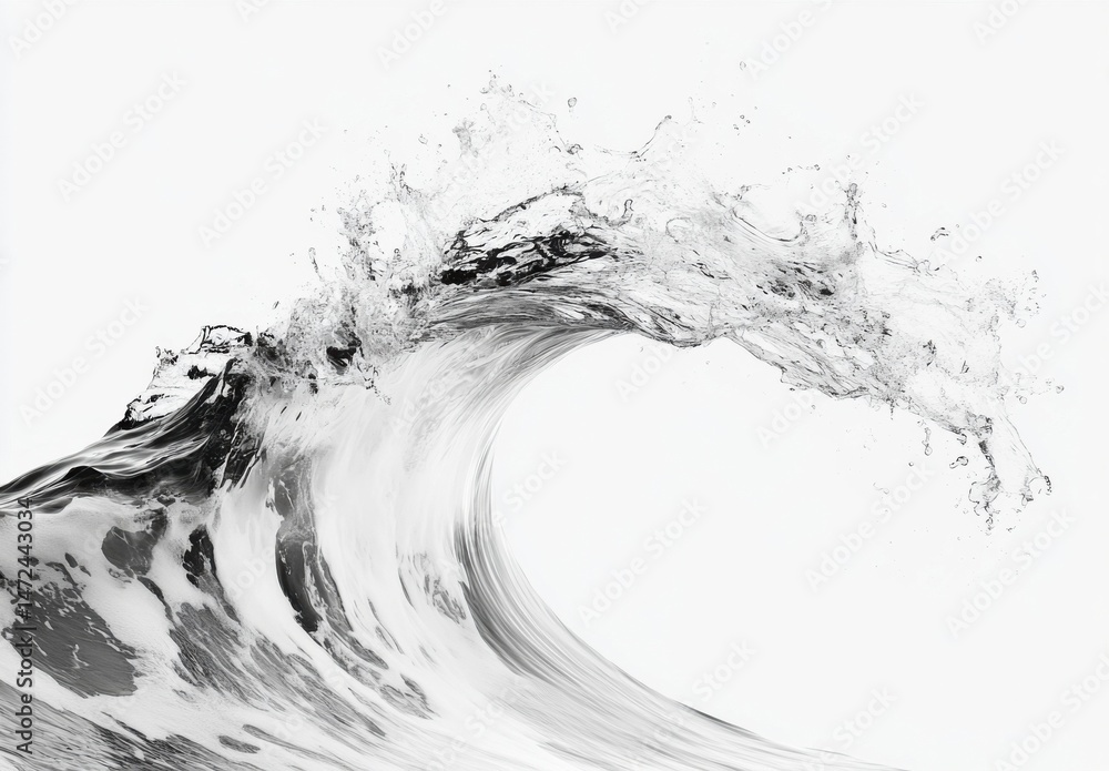 Poster A dramatic monochrome image depicts a powerful ocean wave cresting, showcasing its dynamic form and the spray of water against a stark white background. : Generative AI