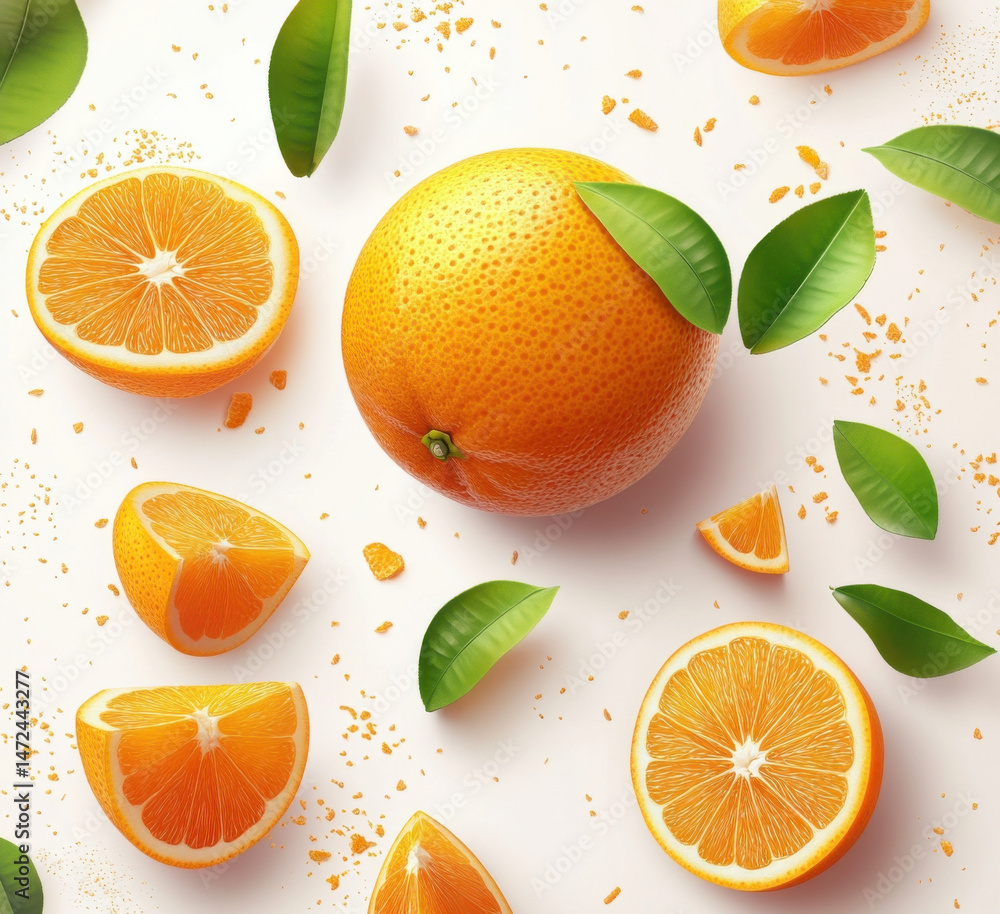 Aufkleber A vibrant whole orange and several segments are artfully arranged on a white background, accompanied by scattered zest and fresh green leaves, creating a refreshing and appetizing imag : Generative AI