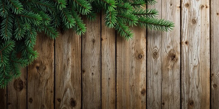 Natural Spruce Branches on a Wooden Surface for Design