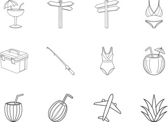Black outline summer icons display holiday destinations, travel gear, and tropical refreshments on white