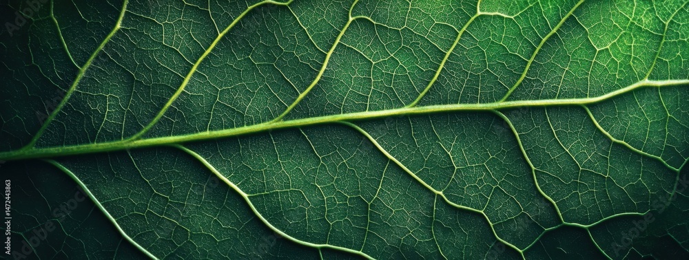 Poster intricate vein structure of a vibrant green leaf, showcasing nature's detailed design and organic te