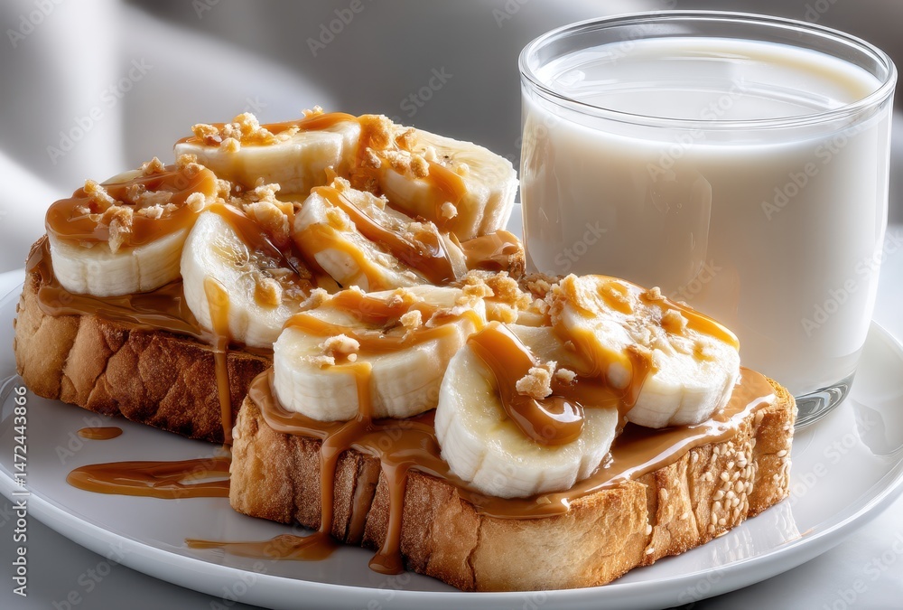 Poster delicious toast with banana slices and caramel drizzle served with a glass of milk on a light backgr