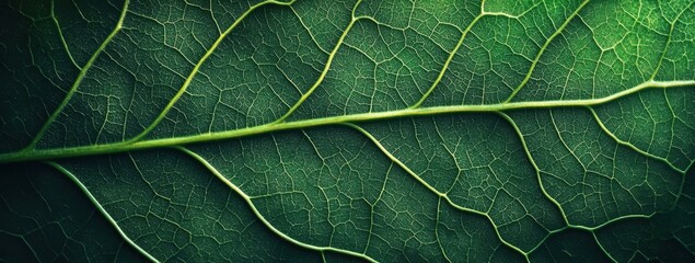 Fototapeta premium Intricate vein structure of a vibrant green leaf, showcasing nature's detailed design and organic texture. A close examination reveals a complex network of lines. : Generative AI