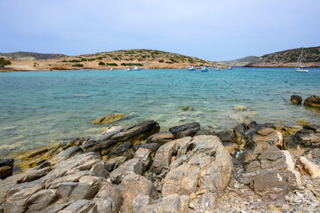 The beach of Kalotaritissa in Amorgos located on the southern side of the island. Cycades, Greece