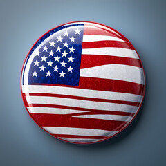 A glossy circular badge displaying the American flag with vibrant red, white, and blue stripes, symbolizing patriotism and unity, isolated 