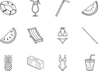 Fototapeta premium Black line art showcases summer icons swimsuit, drink, chair, pineapple, and float in the transparent background