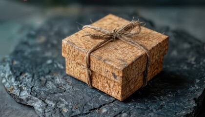 a rustic, square gift box tied with twine rests on a dark, textured slate surface.