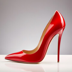 A glossy red stiletto pump with a pointed toe, sleek curves, and a beige interior, exuding elegance and bold femininity, isolated