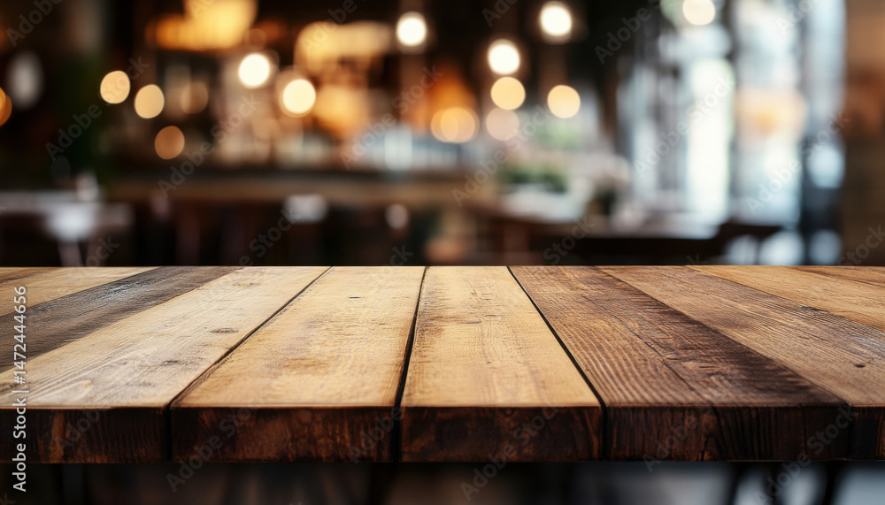 Aufkleber Empty rustic wooden table top in a blurred background of a cozy restaurant or cafe, perfect for product placement or food display. : Generative AI