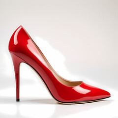 A glossy red stiletto pump with a pointed toe, sleek curves, and a beige interior, exuding elegance and bold femininity, isolated