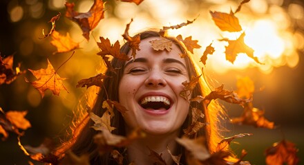 Woman with Autumn Leaves Falling