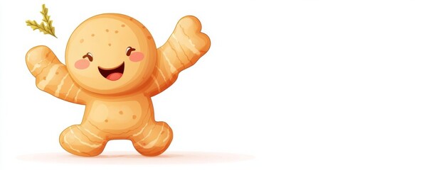 Happy Ginger Root Cartoon Character Waving,Healthy Food , Illustration