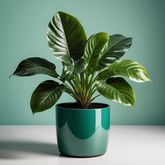 A lush tropical plant with broad, glossy leaves housed in a soft green pot. The deep green foliage symbolizes growth, vitality, and natural beauty, isolated 