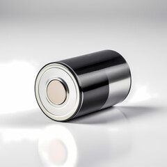 A metallic black and silver cylindrical battery, compact and polished, designed to deliver consistent performance for portable devices. Isolated  