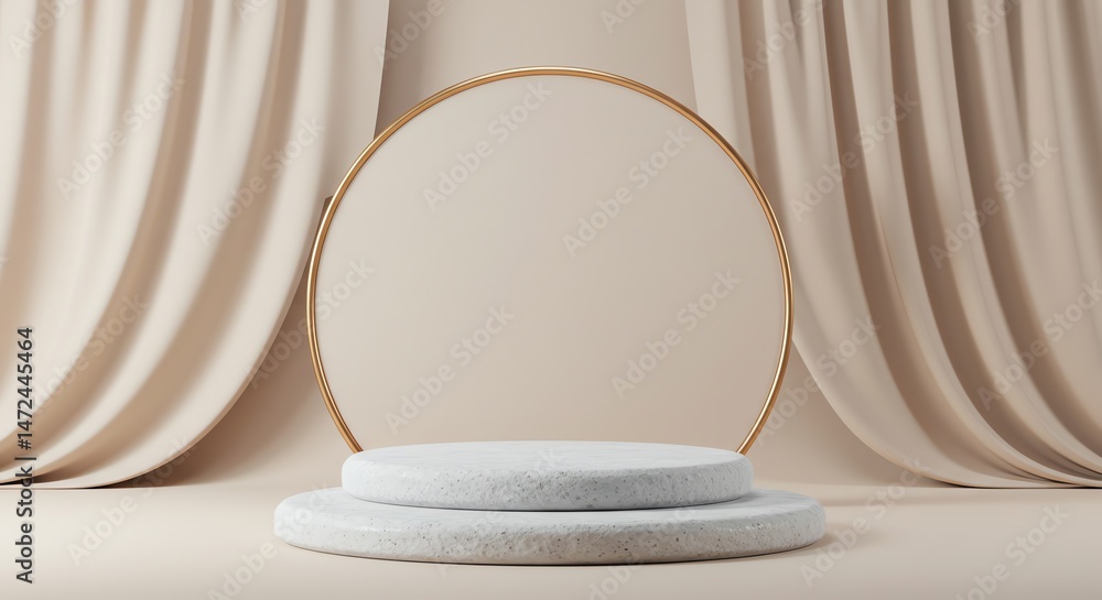Poster platform with circular backdrop and draped cloth