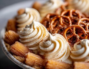 Close-up of a delicious dessert featuring swirls of creamy frosting, crunchy churros, and salted pretzels, a delightful sweet treat. : Generative AI