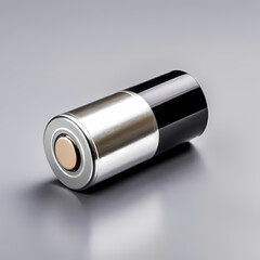 A metallic black and silver cylindrical battery, compact and polished, designed to deliver consistent performance for portable devices. Isolated  