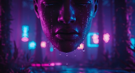 Person face with water drop on cyberpunk background