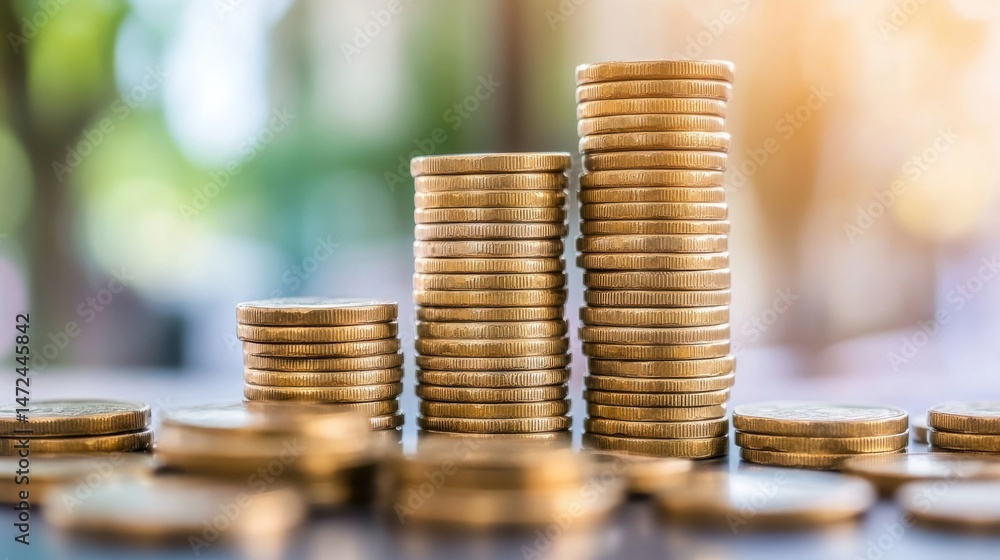 Aufkleber Three stacks of gold coins ascending in size, representing financial growth and wealth accumulation against a blurred green background. : Generative AI