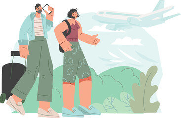 Young couple going on adventure with flights via airlines. People in airport area going on dream vacation.