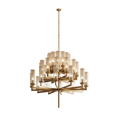 Elegant modern chandelier with multiple candle-style lights, featuring a gold metal frame and cylindrical glass shades, suspended by a chain. Perfect for luxury interior 