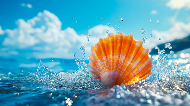 A beautiful photograph of an orange seashell floating on the water's surface, splashing with sunlight and a blue sky background, a beach scene