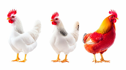 Fototapeta premium Three poultry birds, white and red, isolated on white background