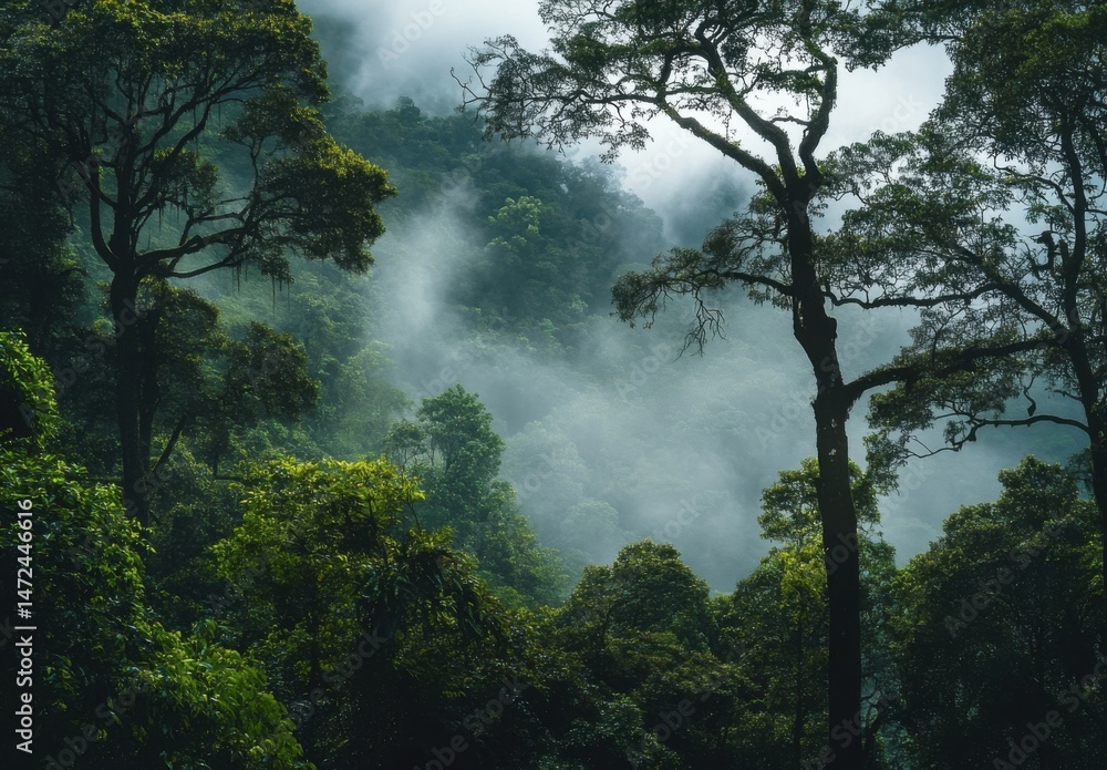 Leinwandbilder Misty mountain rainforest scene with tall trees and lush green foliage, creating a serene and tranquil atmosphere. : Generative AI