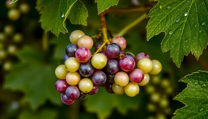 an image capturing a close up of grape bunches hanging from a vine against the backdrop of lush green foliage, suggesting they are