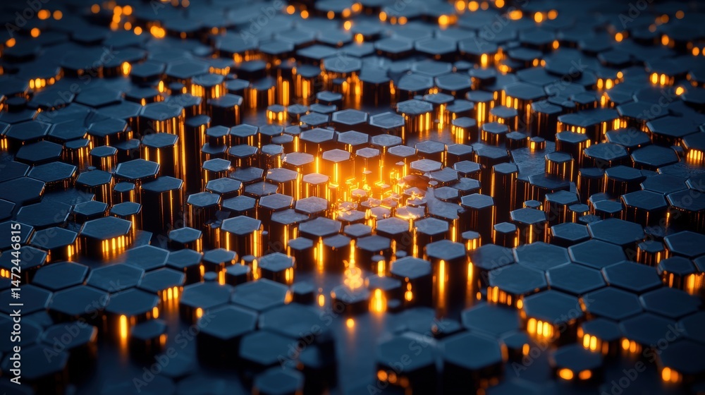 Aufkleber abstract hexagonal pattern with glowing orange lights creates a modern futuristic technological back
