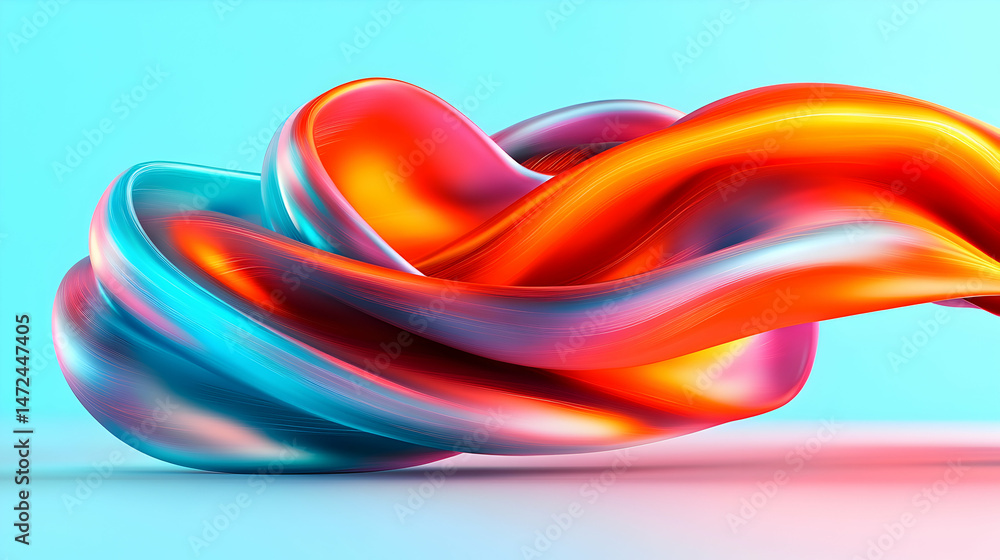 Poster abstract swirling forms in vibrant orange and teal, creating a dynamic, flowing composition against 