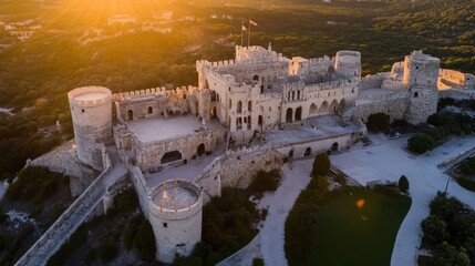 Fototapeta premium Aerial view of a majestic medieval castle bathed in the golden light of sunset, overlooking a verdant landscape. : Generative AI