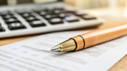 Close-up of a wooden pen resting on a document near a blurred calculator, suggesting financial planning or business tasks. : Generative AI