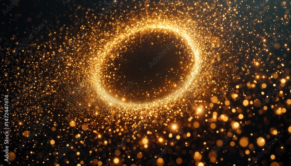 Poster a captivating, dark background is adorned with a radiant, circular frame of golden glitter and bokeh
