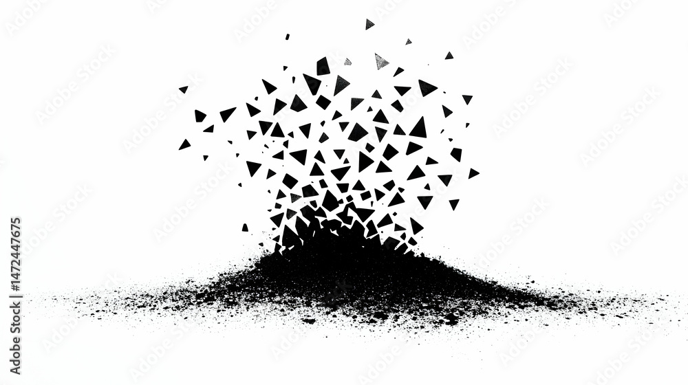 Poster black triangular fragments exploding from a pile of dust, isolated on white