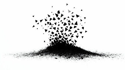Naklejka premium Black triangular fragments exploding from a pile of dust, isolated on white