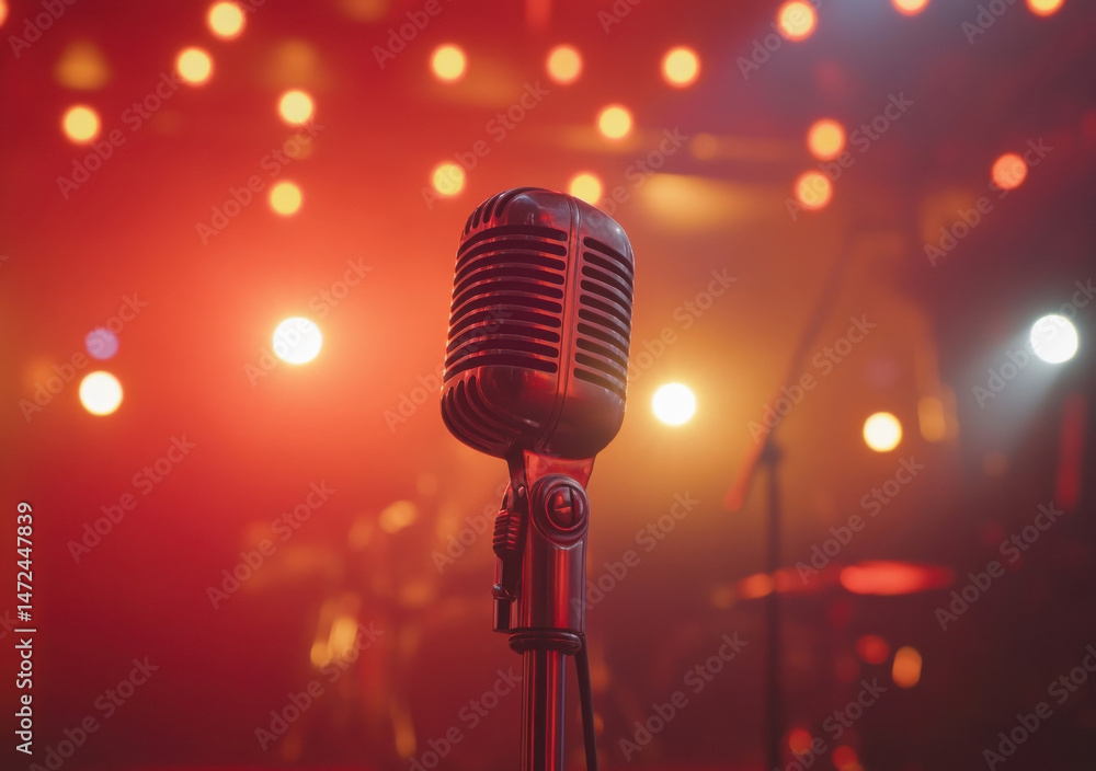 Poster vintage microphone on stage, bathed in warm red stage lighting, ready for a performance. the blurred