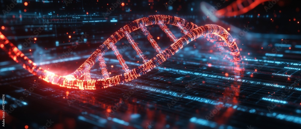 Poster a glowing digital dna helix structure spins above a futuristic circuit board with abstract data stre