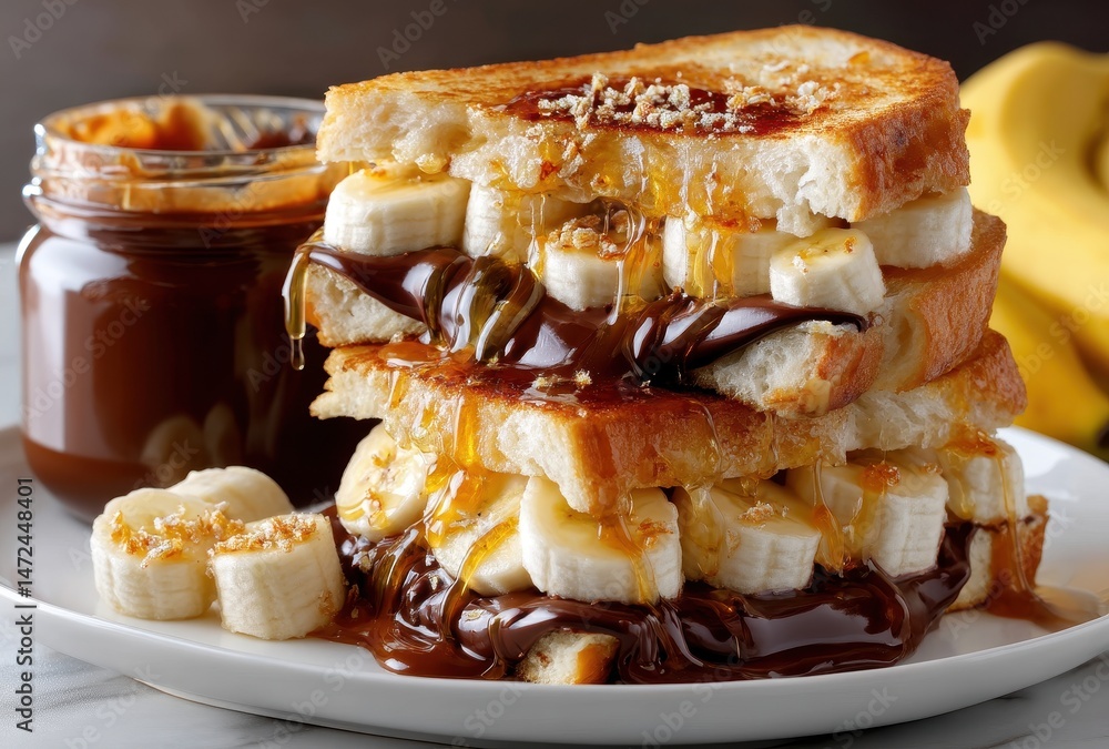 Poster deliciously layered banana toast with rich chocolate and sticky caramel drizzle on plate with jar of