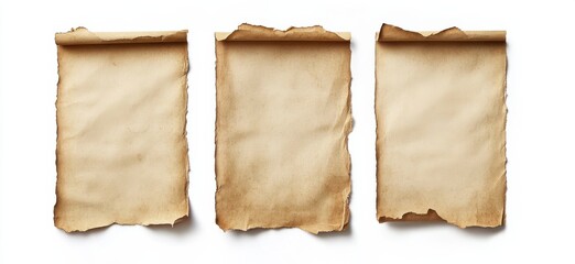 Three aged, parchment scrolls with burnt edges, isolated on white background, perfect for vintage design or antique texture projects. : Generative AI