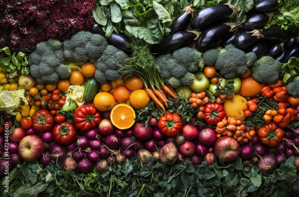 Poster vibrant assortment of fresh produce arranged in colorful rows, showcasing a variety of fruits and ve