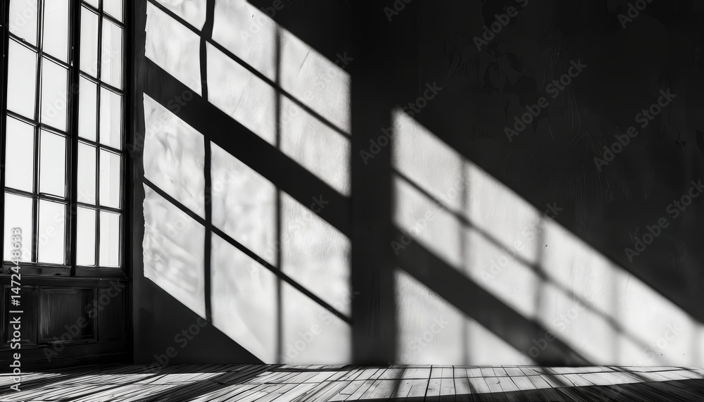 Poster a stark monochrome composition showcases dramatic light and shadow cast by window frames onto a wood