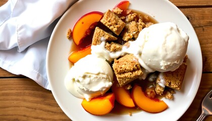 a delectable dessert featuring a slice of peach pie topped with a scoop of vanilla ice cream, drizzled with caramel sauce