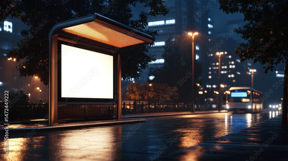 Aufkleber blank billboard advertisement at a bus stop on a rainy night in the city, illuminated by streetlight